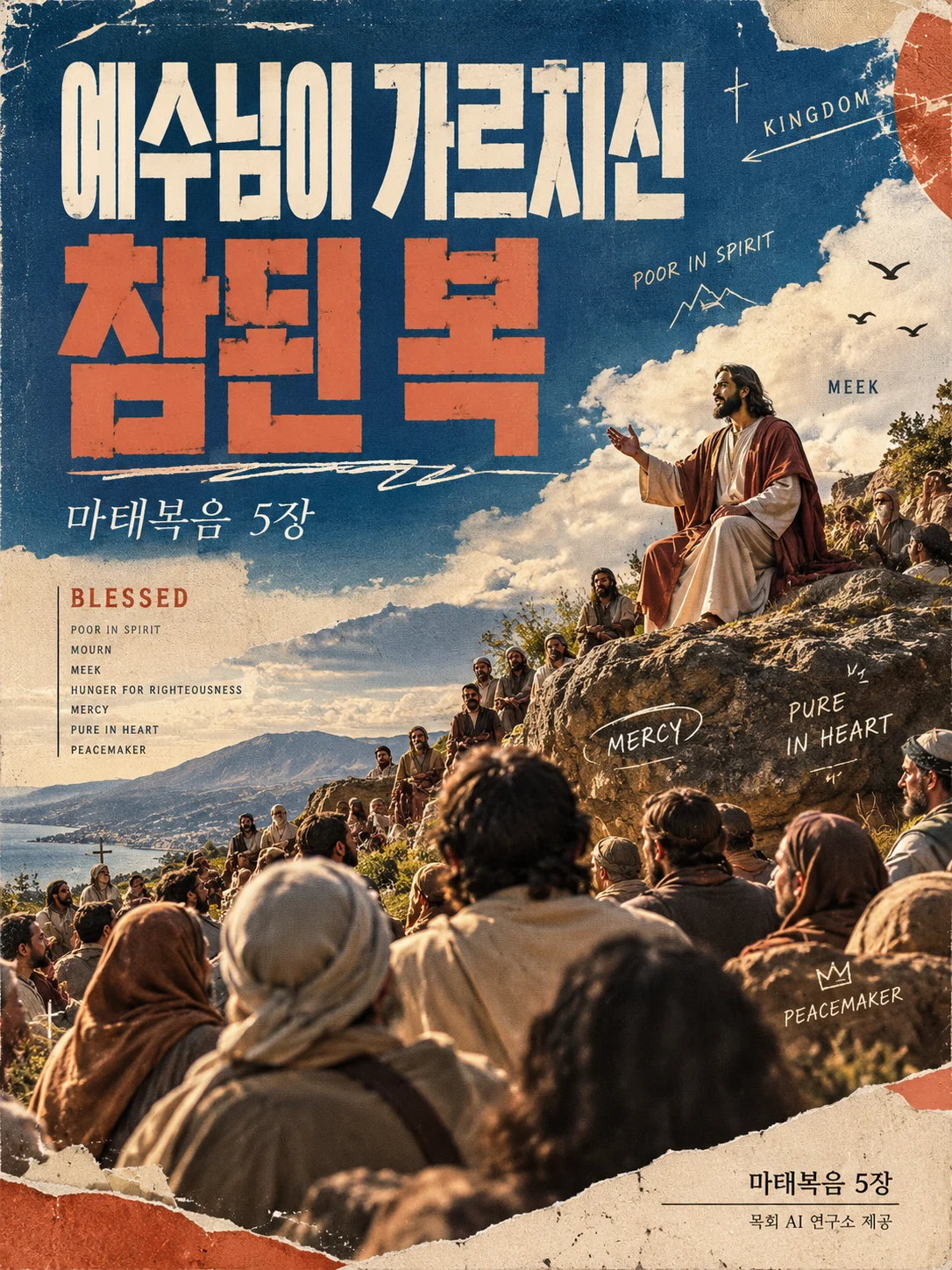 마태복음 5장의 산상수훈을 주제로 한 세로형 기독교 에디토리얼 포스터. 결과 이미지